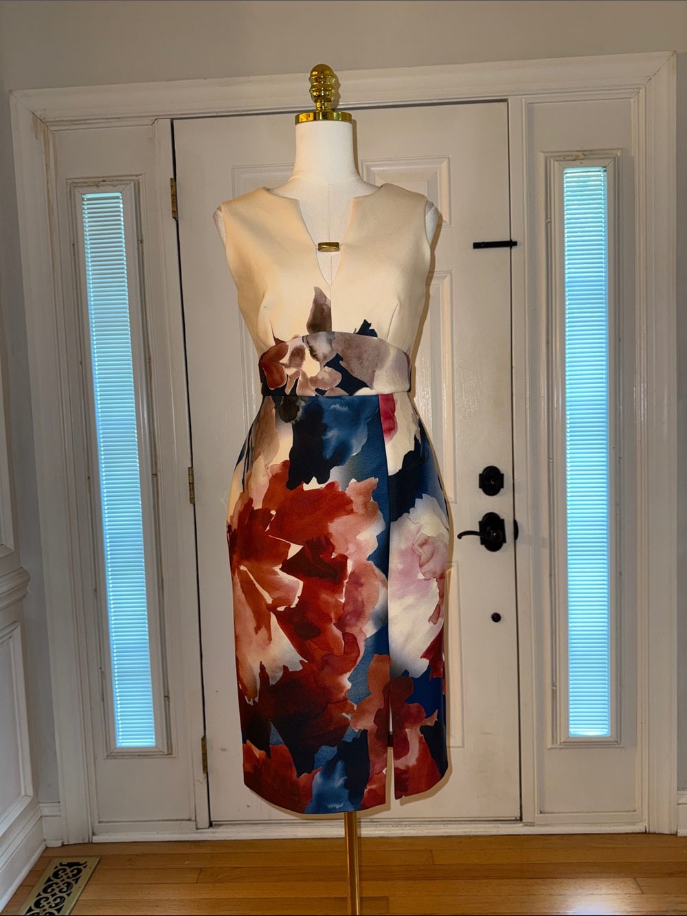 Donna Karan Cream Bodice Floral Midi Dress with Red and Navy Accents